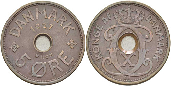 Дания 5 эре 1927 HCN, Кристиан X (1912-1947) KM 828 бронза 3460-624