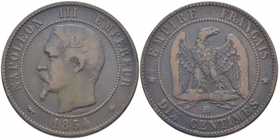 Франция 10 сантимов 1854 BB Наполеон III (1852-1870) KM 771.3 бронза 00-00