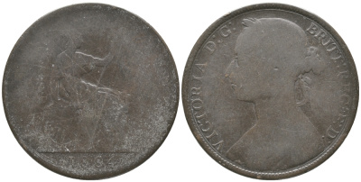 Великобритания 1 пенни 1884 Виктория (1837-1901) KM 755, Spink 3954 бронза 32-425