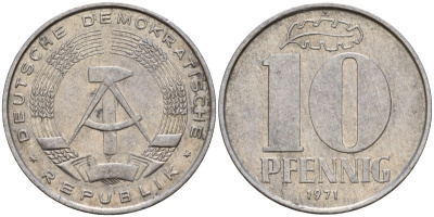 ГДР 10 пфеннигов 1971 A KM 10 алюминий 67-1236