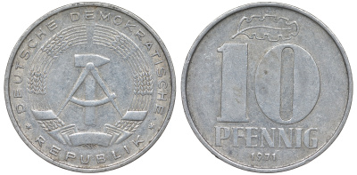 ГДР 10 пфеннигов 1971 А KM 10 алюминий 62-825