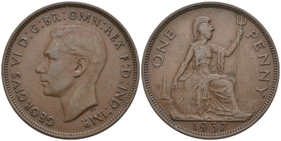 Великобритания 1 пенни 1937 Георг VI (1936-1952) KM 845, Spink 4114 бронза 4607-1115