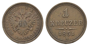 Австрия 1 крейцер 1851 A, Франц Иосиф I (1848-1916) KM 2185 медь    4577-441