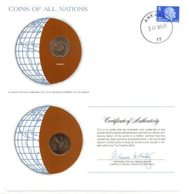 Турция 10 курушей 1974 конверт с маркой первого дня гашения, Coins of Nations KM 891.3 бронза  UNC   4294-66-1