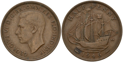 Великобритания 1/2 пенни 1946 Георг VI (1936-1952) KM 844, Spink 4115 бронза 4159-751