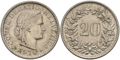 Швейцария 20 раппенов 1970 KM 29a медно-никель 4187-611