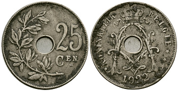 Бельгия 25 сантимов 1922 Belgie, Альберт I (1909-1934) KM 69 медно-никель 4165-845