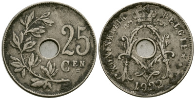 Бельгия 25 сантимов 1922 Belgie, Альберт I (1909-1934) KM 69 медно-никель 4165-845