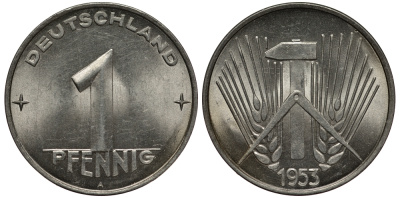 ГДР 1 пфенниг 1953 A KM 5 алюминий UNC 4127-615