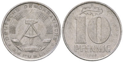 ГДР 10 пфеннигов 1968 A KM 10 алюминий 3459-633