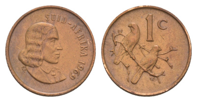 ЮАР 1 цент 1969 Ян ван Рибек (1619-1677), Suid Africa, легенда на африкаанс, капские воробьи KM 65.2 бронза 4609-1144