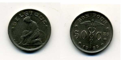 БЕЛЬГИЯ 50 САНТИМОВ 1923 BELGIQUE KM 87 никель 46-124