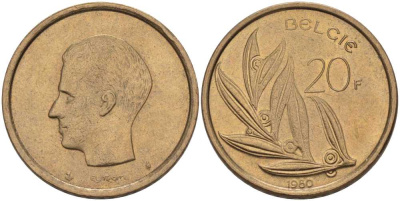 БЕЛЬГИЯ 20 ФРАНКОВ 1980 BELGIE, БОДУЭН I (1951-1993) KM 160 никель бронза 213-446