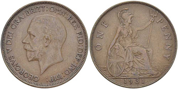 Великобритания 1 пенни 1931 Георг V (1910-1936) KM 838, Spink 4055 бронза 3460-612