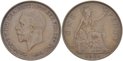 Великобритания 1 пенни 1931 Георг V (1910-1936) KM 838, Spink 4055 бронза 3460-612