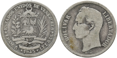 Венесуэла 1 боливар 1945 р, Симон Боливар KM 22a серебро 87-1225