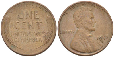 США 1 ЦЕНТ 1952 D, ЛИНКОЛЬН KM А132 медь цинк 3309-942