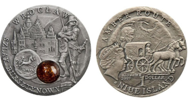 Ниуэ 1 доллар 2009 Вроцлав, монета с янтарем KM NEW серебро UNC 1074-2-34