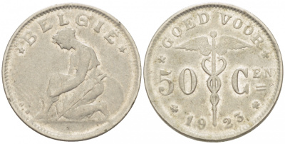 БЕЛЬГИЯ 50 САНТИМОВ 1923 BELGIE KM 88 никель 261-1665