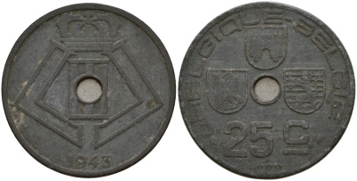Бельгия 25 сантимов 1943 Belgique - Belgie, Леопольд III (1934-1947), германская оккупация, Вторая мировая война KM 131 цинк 4157-512