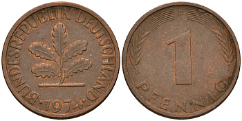 ФРГ 1 пфенниг 1974 F KM 105, J. 380 сталь плакированная медью    4598-543