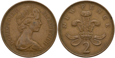 Великобритания 2 пенса 1971 Елизавета II (1952-2022) KM 916, Spink 4235 (C1) бронза 4156-515