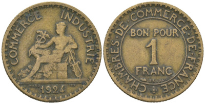 Франция 1 франк 1924 KM 876 алюминиевая бронза 113-924