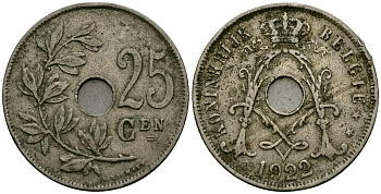 Бельгия 25 сантимов 1922 Belgie, Альберт I (1909-1934) KM 69 медно-никель 4165-835