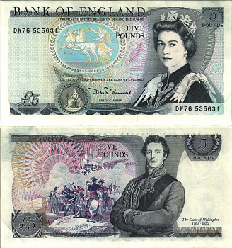 АНГЛИЯ 5 ФУНТОВ 1984-1986 ПОДПИСЬ D.H.F. SOMERSET, БУКВА L Pick 378c бумага XF 7214-42-3-2