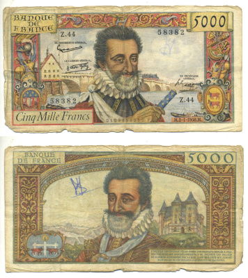 Франция 5000 франков 1958 2 января 1958 Pick 139 a бумага 3295-68-1-1