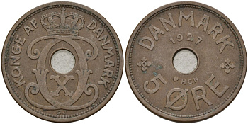 Дания 5 эре 1927 HCN, Кристиан X (1912-1947) KM 828 бронза 4148-212