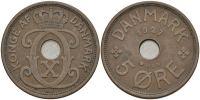 Дания 5 эре 1927 HCN, Кристиан X (1912-1947) KM 828 бронза 4148-212