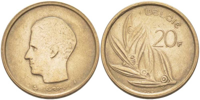 БЕЛЬГИЯ 20 ФРАНКОВ 1980 BELGIE, БОДУЭН I (1951-1993) KM 160 никель бронза 4110-1542