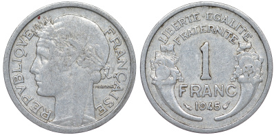Франция 1 франк 1945 KM 885а.1 алюминий 25-2344