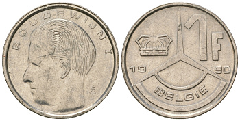 Бельгия 1 франк 1990 Belgie, Бодуэн I (1951-1993) KM 171 нержавеющая сталь 3458-1257
