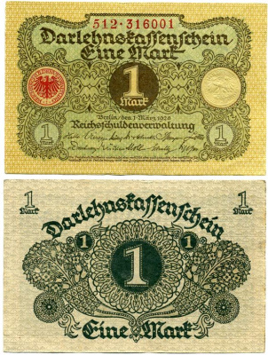 ГЕРМАНИЯ 1 МАРКА 1920 1 МАРТА 1920, ВЕЙМАРСКАЯ РЕСПУБЛИКА Pick 58 бумага 7548-17-4-1