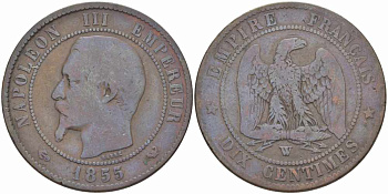 Франция 10 сантимов 1855 W, Наполеон III (1852-1870) KM 771.7, Le Franc 133.30 бронза 38-1046