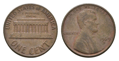 США 1 цент 1969 Авраам Линкольн KM 201 медь цинк 4674-515