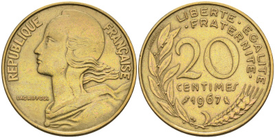 Франция 20 сантимов 1967 тип Marianne KM 930 медь алюминий никель    4595-1045