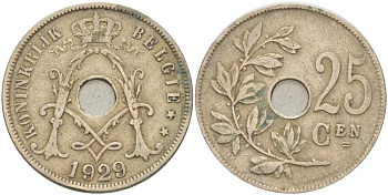 Бельгия 25 сантимов 1929 Belgie, Альберт I (1909-1934) KM 69 медно-никель 3460-621