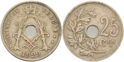 Бельгия 25 сантимов 1929 Belgie, Альберт I (1909-1934) KM 69 медно-никель 3460-621