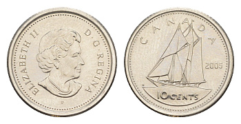 Канада 10 центов 2005 P, Елизавета II (1952-2022), парусник KM 492 сталь плакированная никелем UNC 4639-666