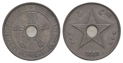 Бельгийское Конго 5 сантимов 1888 Свободное государство Конго, Леопольд II (1865-1909) KM 3 медь 4127-434