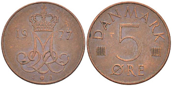 ДАНИЯ 5 ЭРЕ 1977 S; B, МАРГРЕТЕ II (1972-) KM 859.1 железо плакированное медью 4392-449