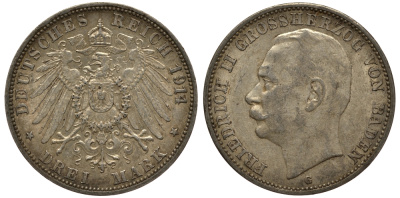 Баден 3 марки 1914 Фридрих II (1907-1918) J. 39, KM 280 серебро    3711-1741