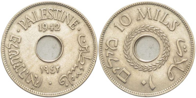 Израиль, Палестина 10 милсов 1942 Британская администрация, редкий год KM 4 медно-никель 4185-1233