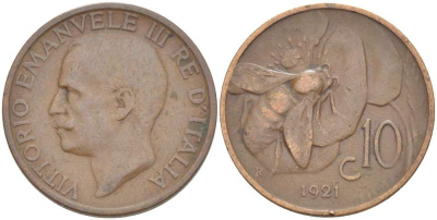 ИТАЛИЯ 10 ЧЕНТЕЗИМО 1921 R, МОНДВОР РИМ, ВИКТОР ЭММАНУИЛ III (1900-1946) KM 60 медь 4525-237