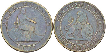 Испания 10 сентимо 1870 ОМ, лев со щитом KM 663 (Y54) медь 3460-616