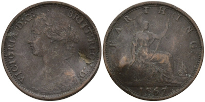 Великобритания 1 фартинг 1867 Виктория (1837-1901) KM 747.2, Spink 3958 бронза 4596-931