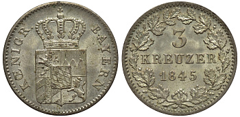 Бавария 3 крейцера 1845 Людвиг I (1825-1848) KM 423, Jaeger 59, AKS 85 серебро UNC 1525-245